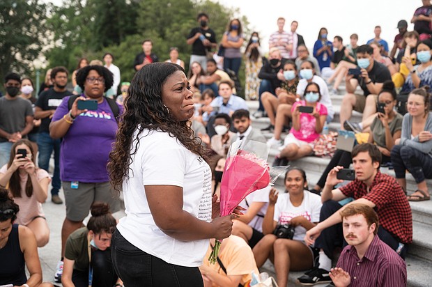 Rep. Cori Bush of Missouri speaks Tuesday to supporters who joined her on the steps of the U.S. Capitol in demanding a federal eviction moratorium to help the millions of Americans in danger of losing their homes during the pandemic. President Biden and the federal Centers for Disease Control and Prevention announced a short-term fix on Tuesday after pressure from Rep. Bush and the public.