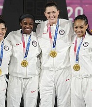 From left, Kelsey Plum, Jackie Young, Stephanie Dolson and Allisha Gray