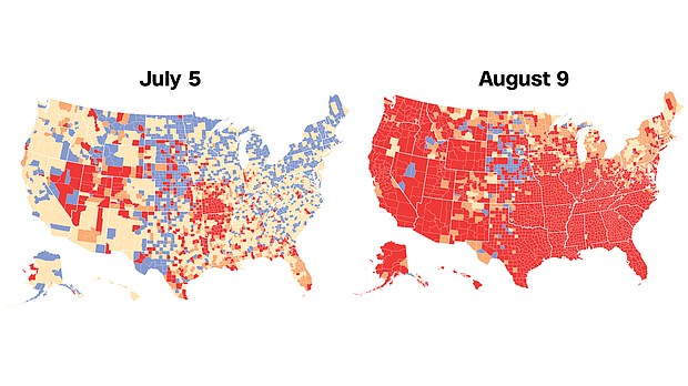 More than 98% of US residents now live in an area where there is a "high" or "substantial" risk of Covid-19 community transmission, up from 19% of residents only a month ago.
Mandatory Credit:	CNN