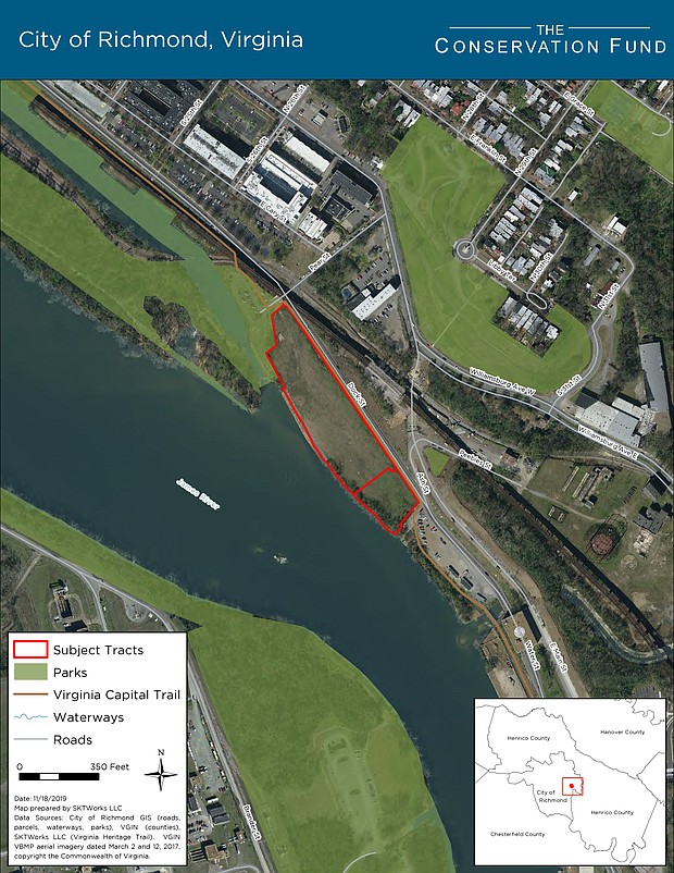 This map shows the area along Dock Street along the riverfront that would be used for the planned $5 million environmental education center, the James River Center.