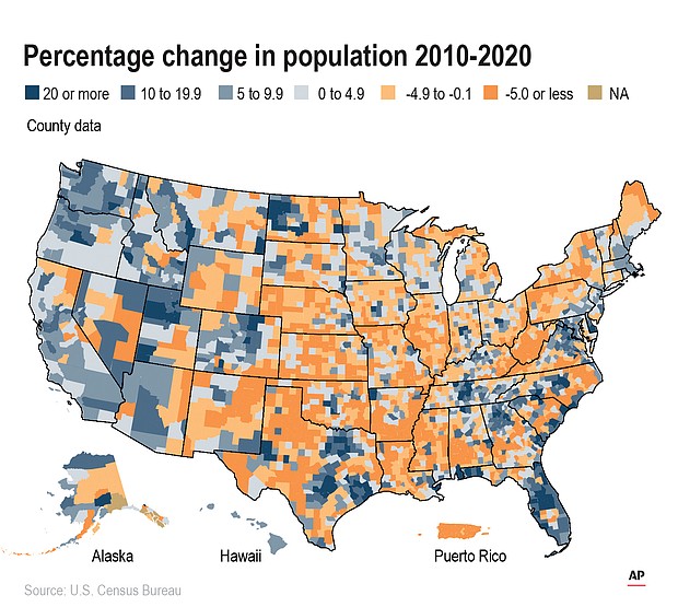 A map of the United States and Puerto Rico shows the percentage change in population from 2010 to 2020.