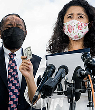 Harris County Judge Lina Hidalgo with U.S. Rep. Al Green (left)