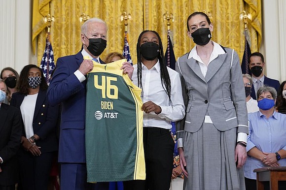 President Joe Biden honored the 2020 WNBA champions Seattle Storm on Monday, celebrating their success on the court and hailing ...