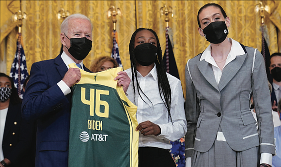 President Biden honored the 2020 WNBA champions Seattle Storm on Monday, celebrating their success on the court and hailing the ...