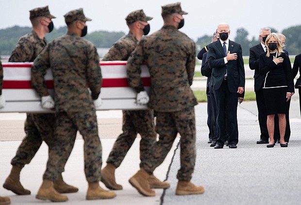 President Joe Biden, pictured here in Maryland, on August, 29 made a trip to Dover Air Force Base to mourn with families of the 13 service members killed in Afghanistan as their remains returned to the US.
Mandatory Credit:	Saul Loeb/AFP/Getty Images