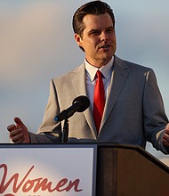 The Justice Department, unveiled a grand jury indictment against Stephen Alford, for his alleged role in a scheme to defraud the family of Florida Republican Rep. Matt Gaetz, pictured here on April 9, in Doral, Florida, out of $25 million.
Mandatory Credit:	Joe Raedle/Getty Images North America/Getty Images