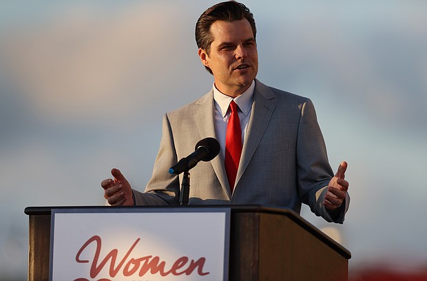 The Justice Department, unveiled a grand jury indictment against Stephen Alford, for his alleged role in a scheme to defraud the family of Florida Republican Rep. Matt Gaetz, pictured here on April 9, in Doral, Florida, out of $25 million.
Mandatory Credit: Joe Raedle/Getty Images North America/Getty Images
