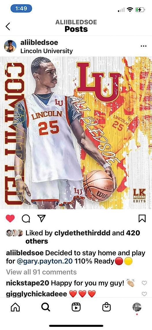 Alii Bledsoe, the 6-foot-5 grandson of Clyde Austin, has accepted a basketball scholarship to Lincoln University of Oakland, Calif.