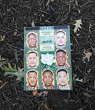 A poster contains drawings of the Martinsville Seven who were pardoned posthumously. They are Francis DeSales Grayson, 37; Booker T. Millner, 19, Frank Hairston Jr., 18; Howard Lee Hairston, 18; James Luther Hairston, 20; Joe Henry Hampton, 19; and John Clabon Taylor, 21.