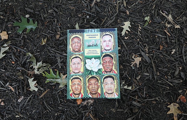 A poster contains drawings of the Martinsville Seven who were pardoned posthumously. They are Francis DeSales Grayson, 37; Booker T. Millner, 19, Frank Hairston Jr., 18; Howard Lee Hairston, 18; James Luther Hairston, 20; Joe Henry Hampton, 19; and John Clabon Taylor, 21.