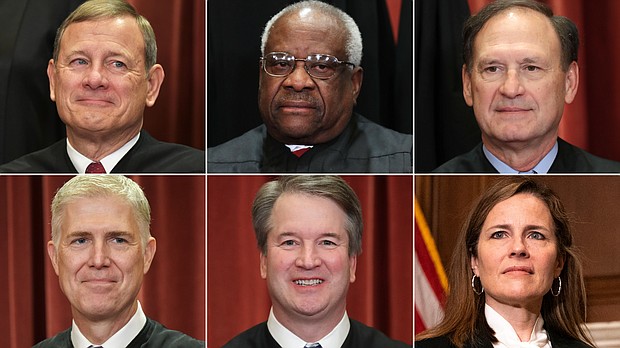 The Supreme Court allows Texas' six-week abortion ban to go into effect despite the fact that it violates Roe v. Wade, and pictured top row, Chief Justice John Roberts, Associate Justices Clarence Thomas and Samuel Alito, bottom row, Associate Justices Neil Gorsuch, Brett Kavanaugh and Amy Coney Barrett.
Mandatory Credit:	Getty