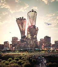 Equitism tower, Telosa's central skyscraper, is described as a "beacon for the City."
Mandatory Credit:	Bjarke Ingels Group and Bucharest Studio