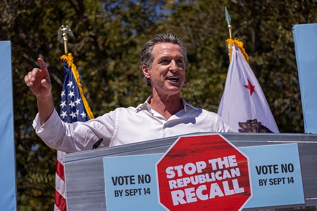 Gov. Gavin Newsom addresses a "Stop the Republican Recall" rally on September 4, in Culver City, California.
Mandatory Credit:	David McNew/Getty Images