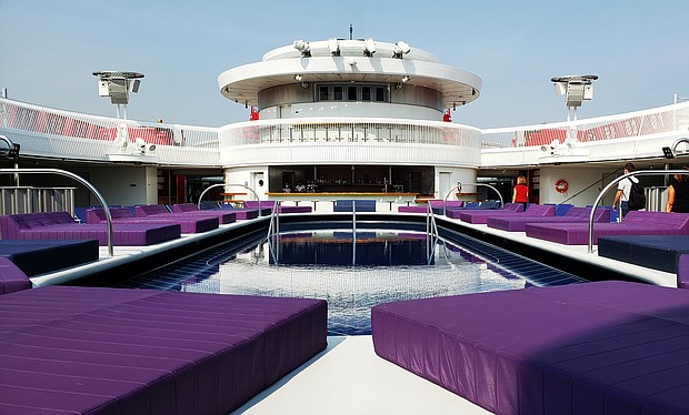 Without kids splashing about, the ship's pool area aims for well-being and tranquility.
Mandatory Credit:	Channon Hodge/CNN