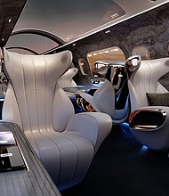 The idea is a virtual window could depict the world outside the airplane via an OLED screen overlaid with detail.
Mandatory Credit:	Courtesy Rosen Aviation