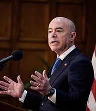 Homeland Security Secretary Alejandro Mayorkas on Sept. 21 said he was "horrified" by images that appear to show US Border Patrol agents on horseback confronting Haitian refugees at the US border.
Mandatory Credit:	Drew Angerer/Getty Images