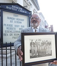 J. Maurice Hopkins stands outside Ebenezer Baptist Church in Jackson Ward, where he and William “Bunny” Roane were the first Eagle Scout candidates in Boy Scout Troop 478 under the leadership of Scoutmaster Linwood D. Ross.