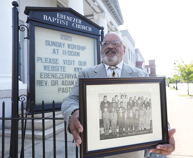 J. Maurice Hopkins stands outside Ebenezer Baptist Church in Jackson Ward, where he and William “Bunny” Roane were the first Eagle Scout candidates in Boy Scout Troop 478 under the leadership of Scoutmaster Linwood D. Ross.