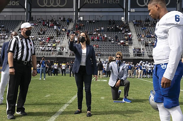 Vice President Kamala Harris, a 1986 graduate of Howard University, opens the Howard-Hampton game with a coin toss, won by her alma mater.