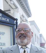 J. Maurice Hopkins stands outside Ebenezer Baptist Church in Jackson Ward, where he and William “Bunny” Roane were the first Eagle Scout candidates in Boy Scout Troop 478 under the leadership of Scoutmaster Linwood D. Ross.