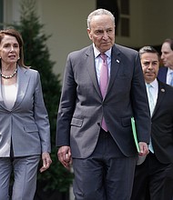 House Speaker Nancy Pelosi and Senate Majority Leader Chuck Schumer are seen here after meeting with other House and Senate Democrats.
Mandatory Credit:	Chip Somodevilla/Getty Images