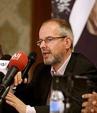 Arnoud van Doorn, here speaking during a press conference in Kuwait, 2018, was arrested on Sunday in The Hague amid reports of a possible plan to attack Prime Minister. He was released Monday.
Mandatory Credit:	Yasser Al-Zayyat/AFP/Getty Images