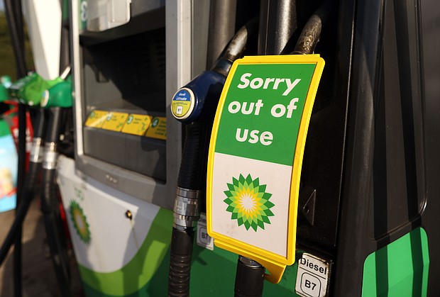 A sign reads 'Sorry out of use' on a diesel pump at a BP gas station in Brentwood, U.K., on September 23.