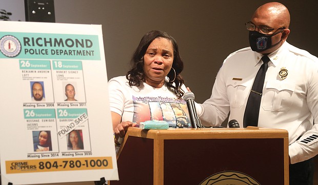 Toni Jacobs, who created Missing Person Awareness, talks about her daughter, Keeshae Jacobs, who vanished Sept. 26, 2016. Ms. Jacobs and others, including Richmond Police Chief Gerald M. Smith, asked during a news conference on Monday for the public to report any information that may lead to finding the missing persons.