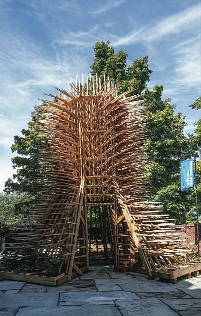 Cityscapes-Slices of life and scenes in Richmond/From a distance and close up, this new sculpture in Richmond is a stunner. It is the creation of designer An “Sledge” Liu and is titled “Helper.” Location: The courtyard of the Branch Museum of Architecture and Design, 2501 Monument Ave., where it will be on view through the fall. The work won first place in the museum’s 2021 Design Build Challenge. Made of leftover wood that would have laanded in a landfill, the sculpture seeks to highlight the impact of people on the natural world through wasteful practices, but also the wonders they can create with abandoned items. The use of wood reflects the connection to nature, with the sticks comprising the piece pointing to the countless places that are meaningful to viewers.