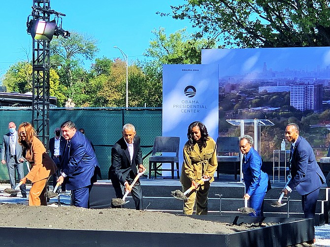 President Barack Obama and Former First Lady Michelle Obama were joined by Illinois Governor JB Pritzker, Chicago Mayor Lori Lightfoot, and Aldermen Leslie Hairston and Greg Mitchell, for the groundbreaking of the Obama Presidents Center. Photo by Tia Carol Jones