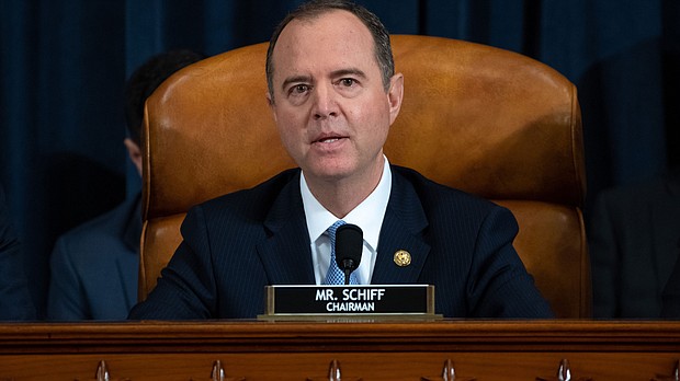 New details about Adam Schiff's interactions with former President Donald Trump's Republican allies in Congress, the former President's aides and even Trump himself are recounted in Schiff's book "Midnight in Washington". Schiff is shown here giving an opening statement during the first public hearings the House Intelligence Committee held as part of the impeachment inquiry of then-President Donald Trump in 2019.
Mandatory Credit:	Saul Loeb/Pool/Getty Images