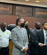 Village of Robbins Mayor Darren Bryant during a press conference on Monday, Oct. 5, to announce the Village was in the process of negotiating a contract with Robbins Police Department Officers through Illinois Council of Police. Photos by Tia Carol Jones