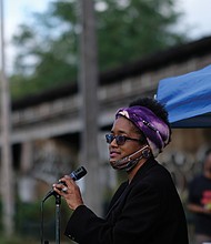 Pamela Bingham, a direct descendant of Gabriel, speaks to more than 80 people attending Sunday’s event, called the Gabriel Gathering, to memorialize the 221st anniversary of Gabriel’s death on the site.