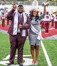 Rain couldn’t dampen the enthusiasm of the students, alumni and supporters attending Virginia Union University’s homecoming last Saturday at Willie Lanier Field at Hovey Stadium on the Lombardy Street campus. Mr. and Miss VUU 2021-22 Kirk Jones and Eboné Giles wave to the crowd during their introduction at halftime.