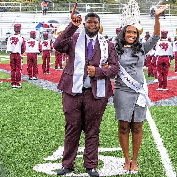 Rain couldn't dampen the excitement of students, alumni and supporters who attended Virginia Union University's return home at Willie Lanier Field in Hovey Stadium on the Lombardy Street campus last Saturday.  Mr. and Miss VUU 2021-22 Kirk Jones and Eboné Giles wave to the crowd during their halftime performance.