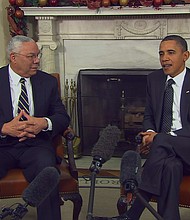 Former Secretary of State Colin Powell is shown here meeting with President Barack Obama at the White House on Wednesday, December 01, 2010.
Mandatory Credit:	CNN