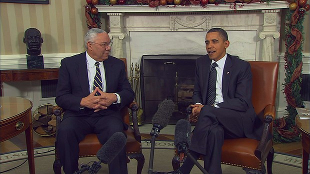 Former Secretary of State Colin Powell is shown here meeting with President Barack Obama at the White House on Wednesday, December 01, 2010.
Mandatory Credit:	CNN