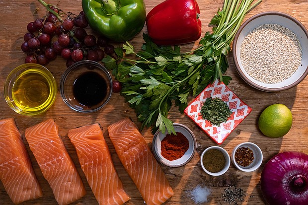 Mediterranean-inspired grocery staples include heart-healthy fish like salmon, fresh fruits and veggies, whole grains, spices, and extra-virgin olive oil.
Mandatory Credit:	Heather Fulbright/CNN
