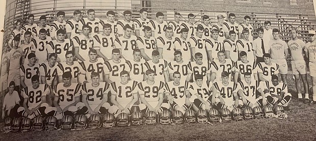 This 1966 photo of the Highland Springs High School football team shows Ronald White, the team’s first Black player, No. 28, sitting on the front row.