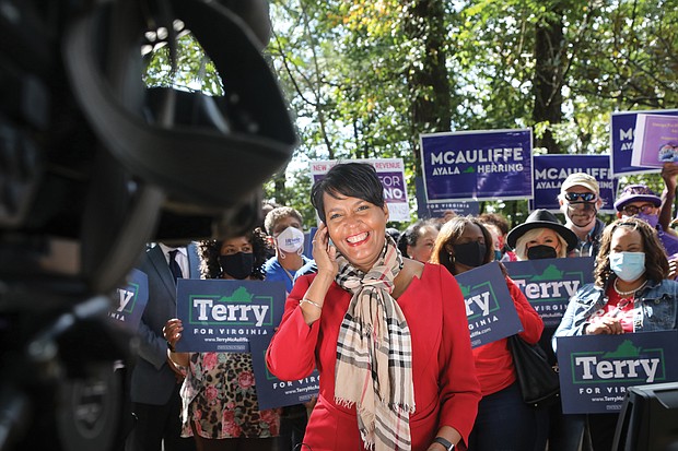During a “Souls to the Polls” event last Sunday outside the Richmond Voter Registrar’s Office, Atlanta Mayor Keisha Lance Bottoms pauses for an interview with a national television news program to talk about why she made the 500-mile trip to campaign for Terry McAuliffe. The City of Richmond and Hanover County had polling stations open last Sunday for early, in-person voting.
