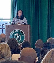 Hope Chicago CEO Janice K. Jackson talks about how the scholarship fund will benefit students and provided wraparound services for families, by providing a debt-free post secondary education. Photos by Tia Carol Jones