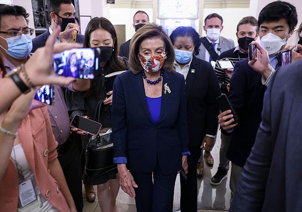 President Joe Biden is expected to attend a House Democratic meeting as leaders press progressives to back infrastructure bill. Speaker of the House Nancy Pelosi, is seen here on October 01, in Washington, DC.
Mandatory Credit:	Kevin Dietsch/Getty Images