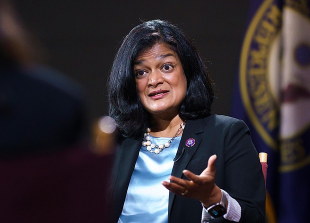 Rep. Pramila Jayapal, talks to The Associated Press in Washington on October 7.
Mandatory Credit: J. Scott Applewhite/AP