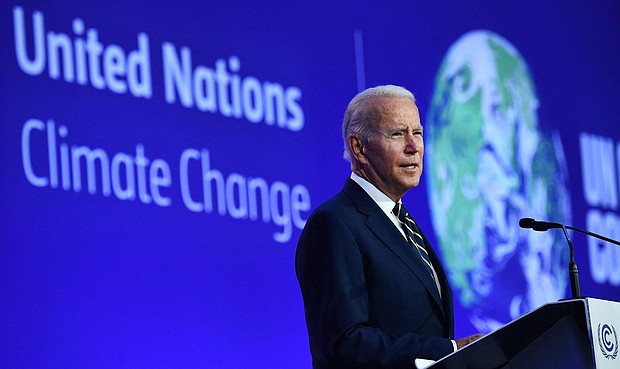 US President Joe Biden delivers a speech on stage during a meeting at the COP26 UN Climate Change Conference in Glasgow, Scotland, on November 1, 2021.
Mandatory Credit:	Brendan Smialowski/AFP/Getty Images