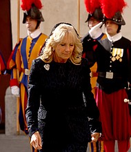 First lady Jill Biden arrives at the San Damaso Courtyard for a meeting with Pope Francis at the Apostolic Palace on Friday, October 29 in Vatican City.
Mandatory Credit:	Franco Origlia/Getty Images