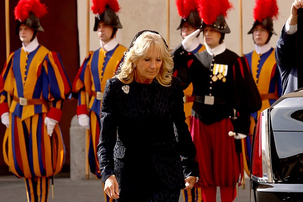 First lady Jill Biden arrives at the San Damaso Courtyard for a meeting with Pope Francis at the Apostolic Palace on Friday, October 29 in Vatican City.
Mandatory Credit: Franco Origlia/Getty Images