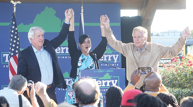 The statewide Democratic ticket, from left, incumbent Attorney General Mark R. Herring; Delegate Hala S. Ayala, lieutenant governor candidate; and former Gov. Terry R. McAuliffe, seeking a second term, stumped together one last time Monday afternoon at Hardywood Park Craft Brewery in Richmond’s North Side.