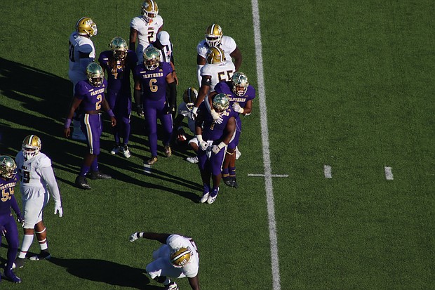 PV defensive lineman Jason Dumas celebrates second-half sack