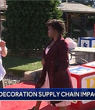 Pat Farley (left) wonders how supply chain issues will impact his annual Christmas display, Farley Christmas Wonderland, located in the front yard of his Santa Cruz, California home.
Mandatory Credit:	KSBW