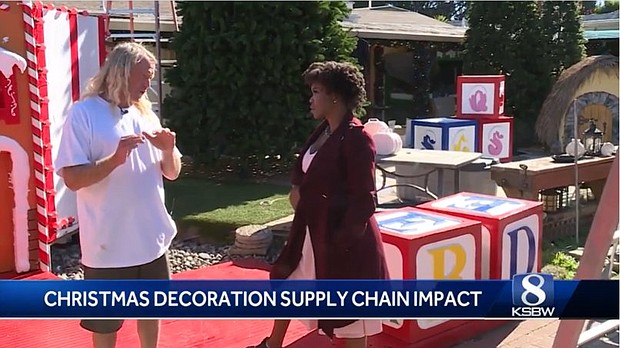 Pat Farley (left) wonders how supply chain issues will impact his annual Christmas display, Farley Christmas Wonderland, located in the front yard of his Santa Cruz, California home.
Mandatory Credit:	KSBW